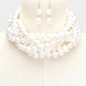 Braided White Pearl Necklace & Earring Set